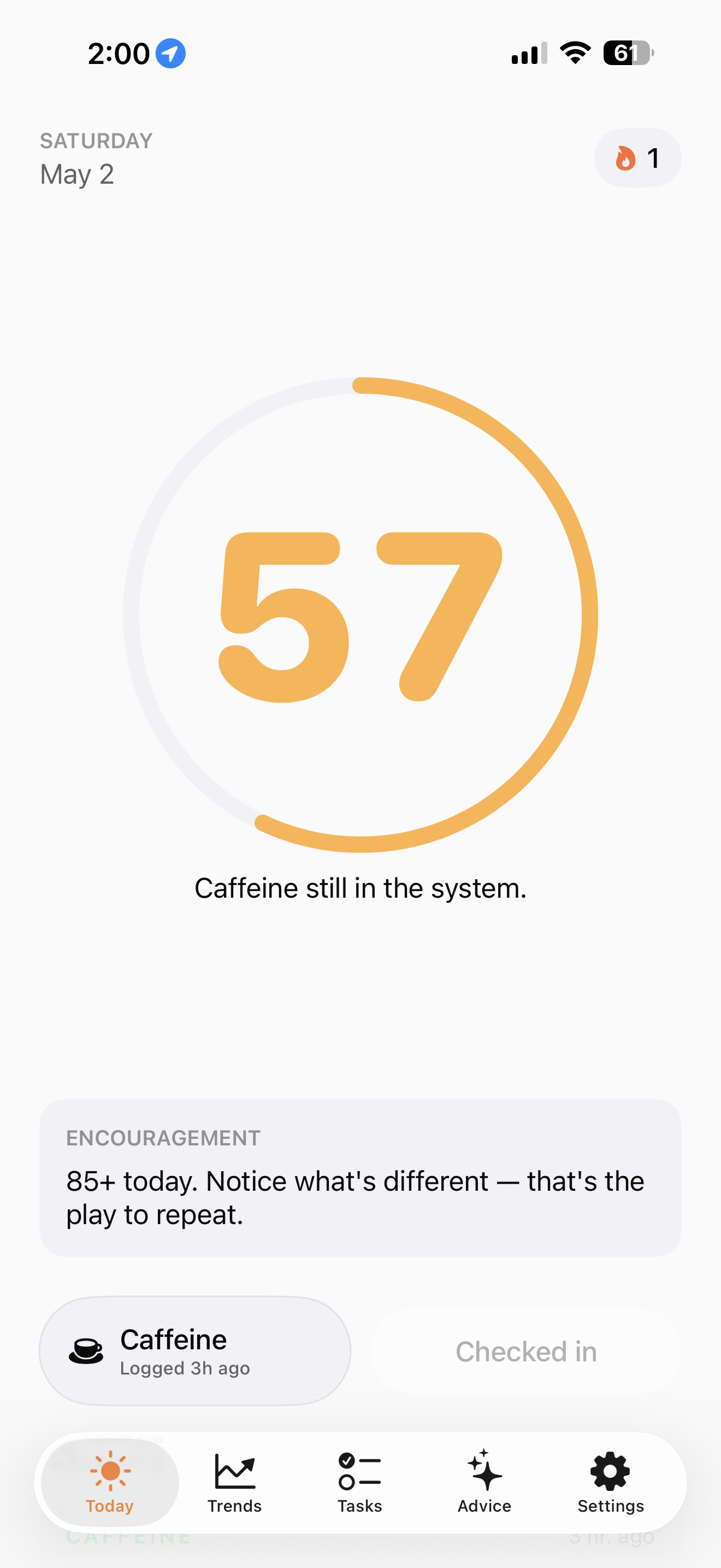 Rise Guide Today screen with an Energy Score of 57